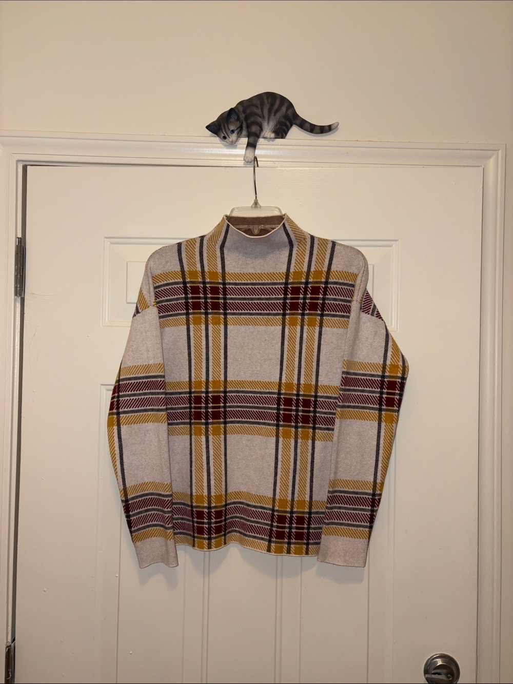 Tahari Women's Plaid Cowl Sweater in Cream, Mustard & Burgundy